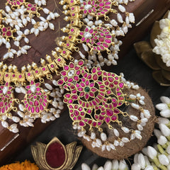 Vriksham Designer Red White 7 Pendant Kundan Jadau Reversible Guttapusalu  Neckpiece-Rice Pearl-J3368