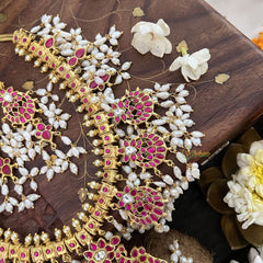 Vriksham Designer Red White 7 Pendant Kundan Jadau Reversible Guttapusalu  Neckpiece-Rice Pearl-J3368