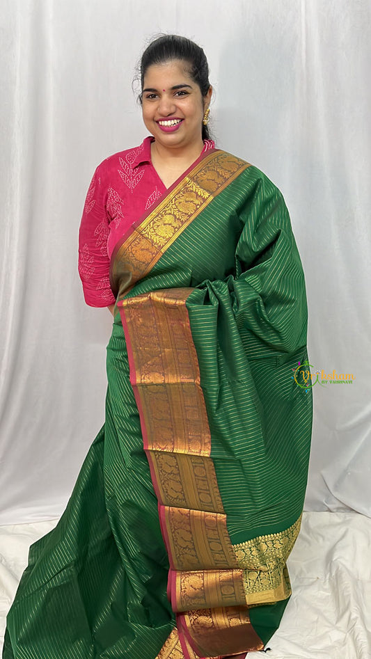 Dark Green Kanchi Cotton Saree with Double Golden Border - Handloom - VS3706