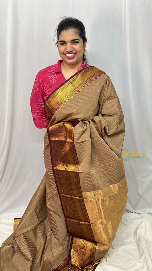 Wood Colour Kanchi Cotton Saree with Thick Golden Border - Handloom - VS3696