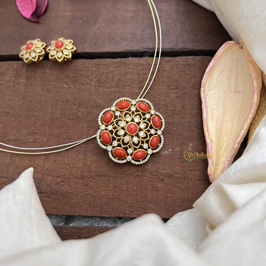 Elegant AD Stone Floral Pendant Hasli-Coral-G14597