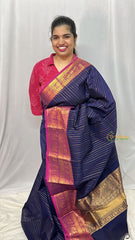 Navy Blue Kanchi Cotton Saree with Double Golden Border - Handloom - VS3694