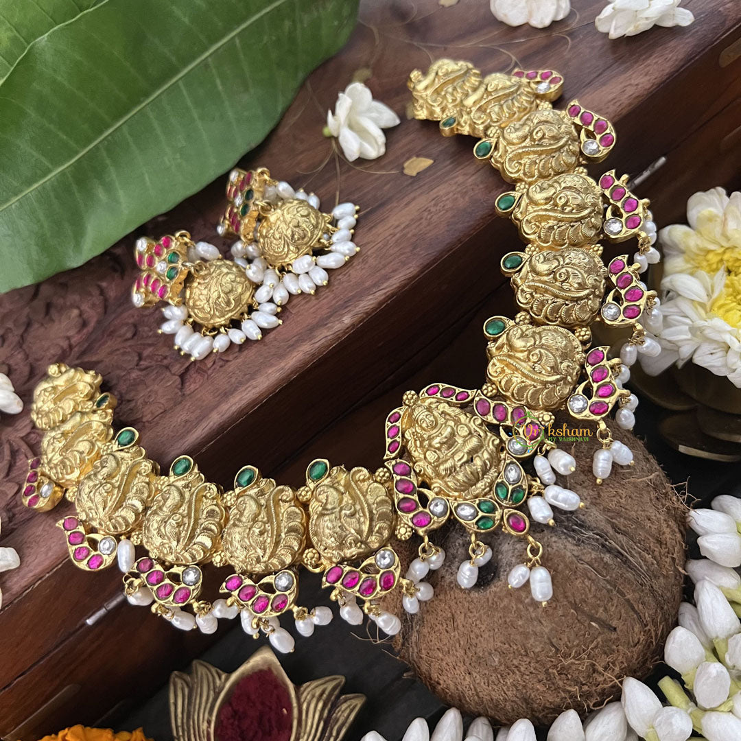 Vriksham Lakshmi Pendant With Gold Plated Peacock Style Kundan Jadau Short Neckpiece-Red Green-Rice Pearl-J3349