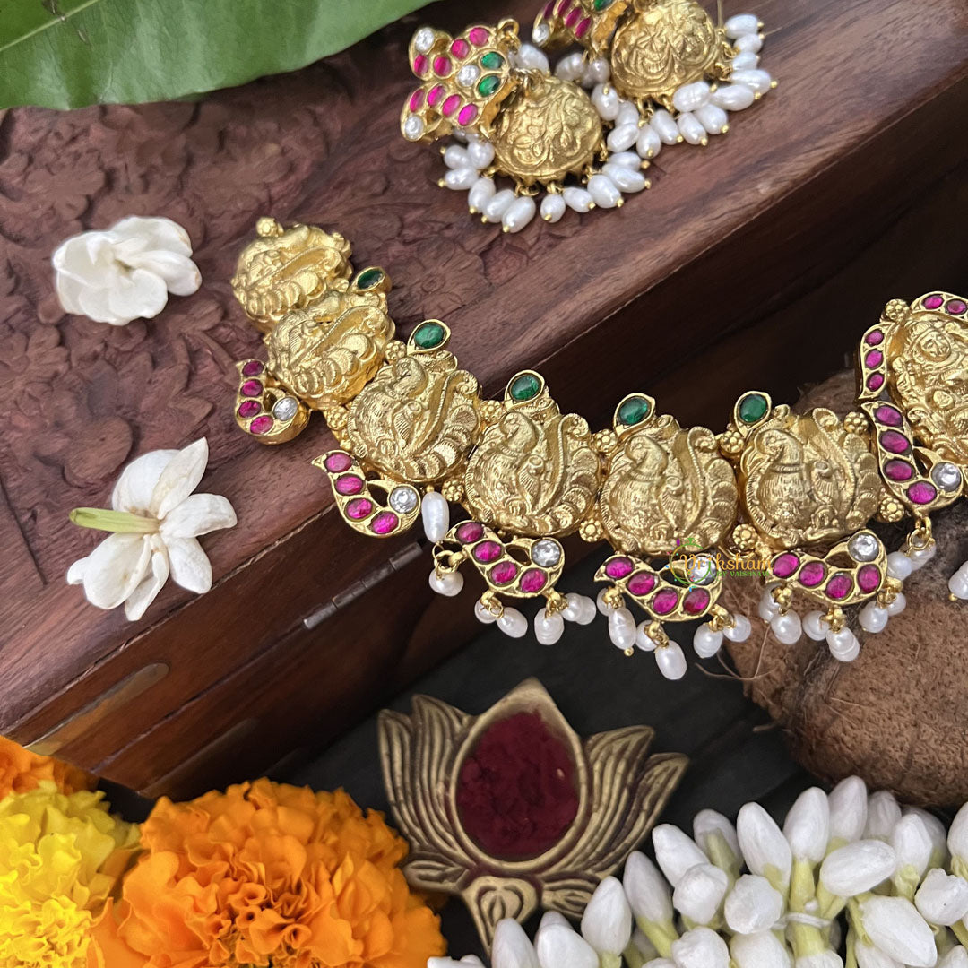 Vriksham Lakshmi Pendant With Gold Plated Peacock Style Kundan Jadau Short Neckpiece-Red Green-Rice Pearl-J3349