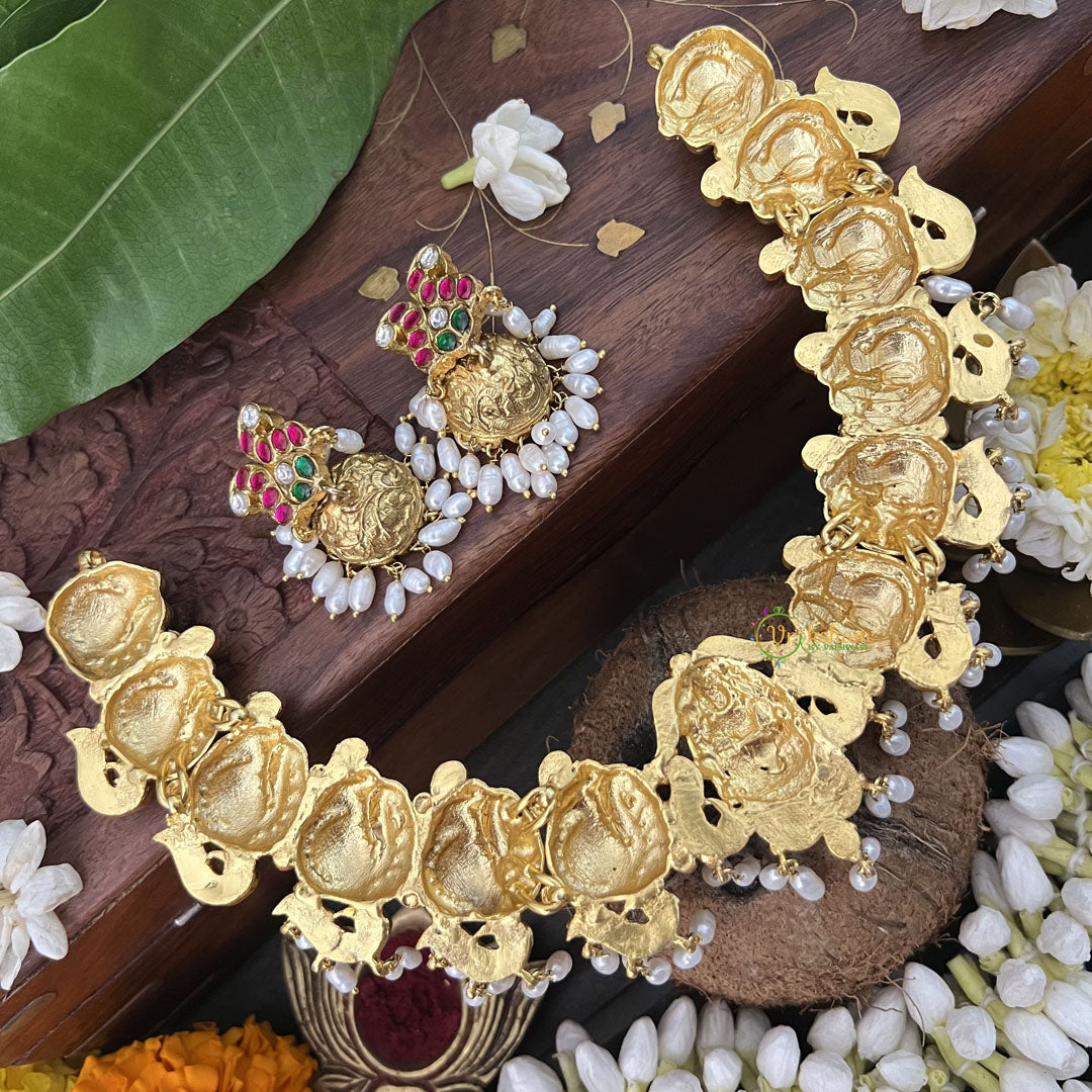 Vriksham Lakshmi Pendant With Gold Plated Peacock Style Kundan Jadau Short Neckpiece-Red Green-Rice Pearl-J3349