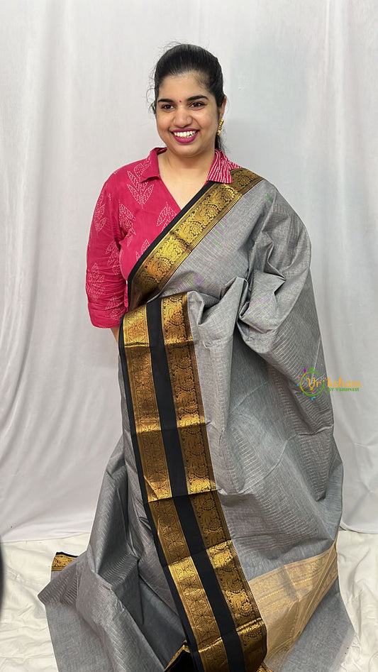 Dark Grey Kanchi Cotton Saree with Double Golden Border - Handloom - VS3708