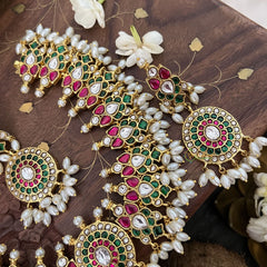 Vriksham Lotus Designer Red White Green Kundan Jadau Guttapusalu Neckpiece-Rice Pearl-J3367