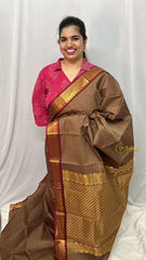 Soft Brown Kanchi Cotton Saree with Golden Border - Handloom - VS3705