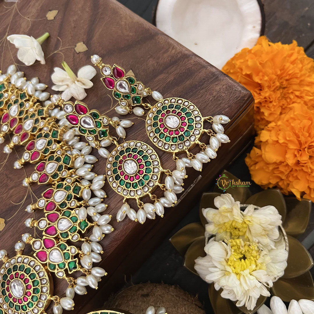 Vriksham Lotus Designer Red White Green Kundan Jadau Guttapusalu Neckpiece-Rice Pearl-J3367