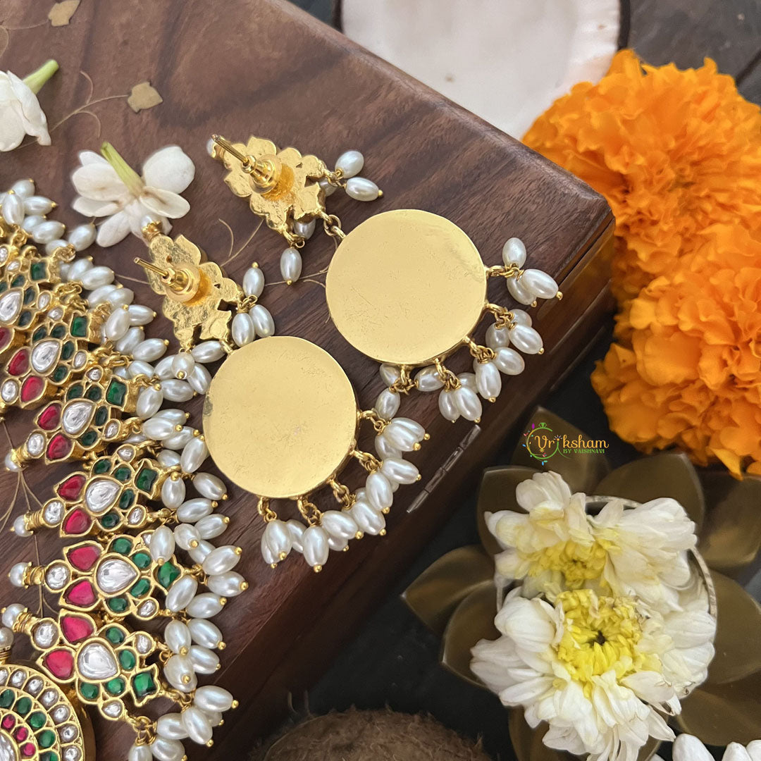 Vriksham Lotus Designer Red White Green Kundan Jadau Guttapusalu Neckpiece-Rice Pearl-J3367
