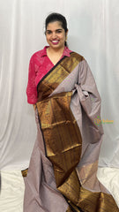 Elegant Grey Kanchi Cotton Saree with Thick Golden Border - Handloom - VS3702