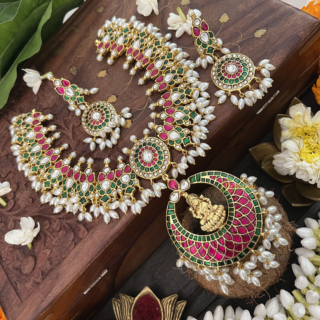 Vriksham Lotus Designer Red White Green Kundan Jadau Guttapusalu Neckpiece-Rice Pearl-J3367