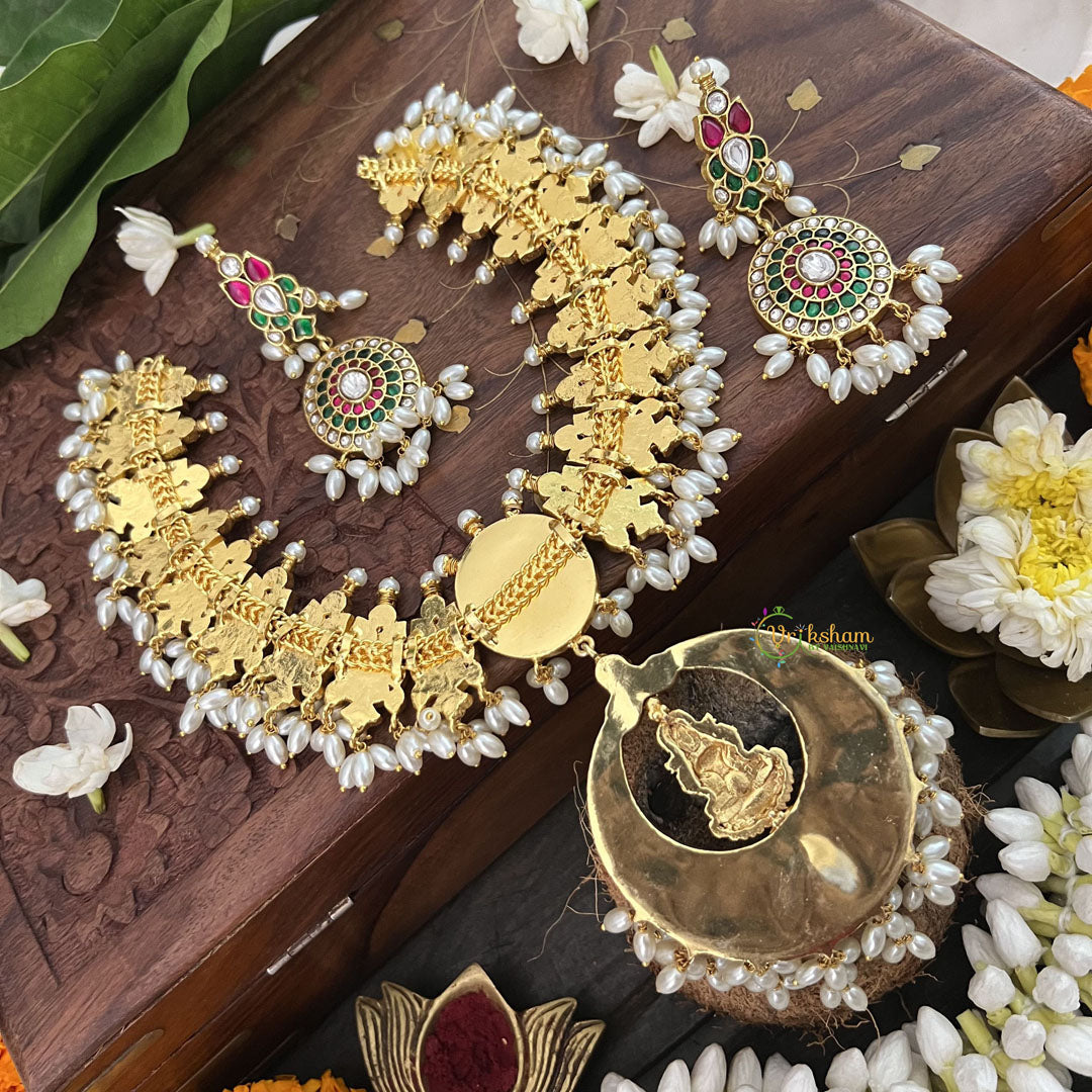 Vriksham Lotus Designer Red White Green Kundan Jadau Guttapusalu Neckpiece-Rice Pearl-J3367