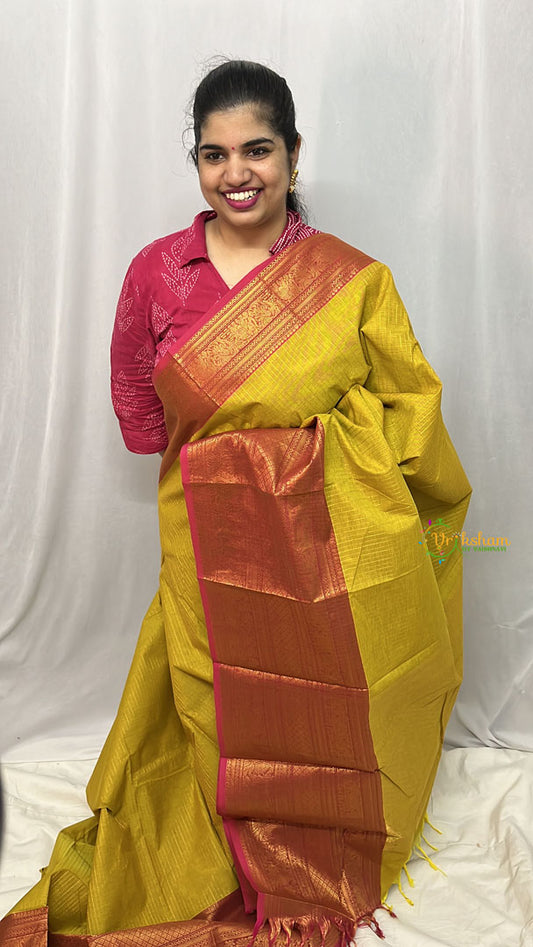 Mustard Colour Kanchi Cotton Saree with Thick Golden Border - Handloom - VS3703