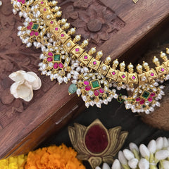 Vriksham Elegant Pearl With Floral Kudan Jadau Guttapusalu Neckpiece-Rice Pearl-J3311