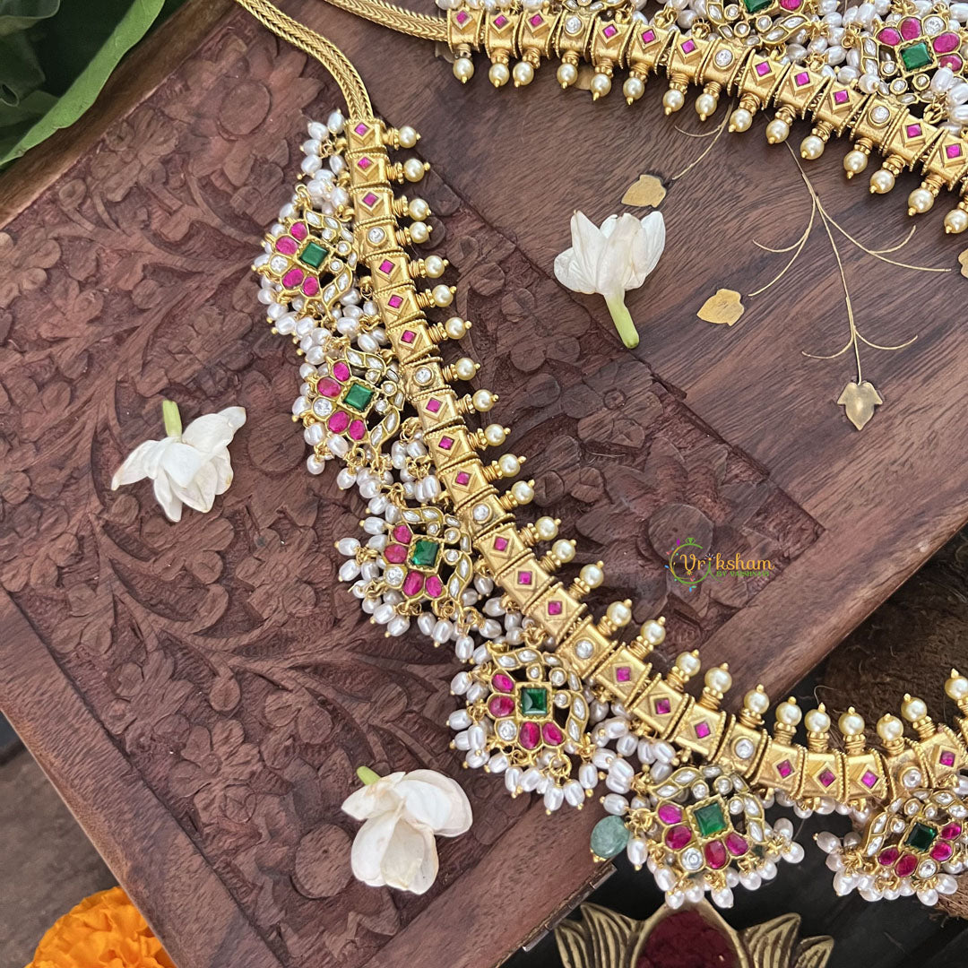 Vriksham Elegant Pearl With Floral Kudan Jadau Guttapusalu Neckpiece-Rice Pearl-J3311