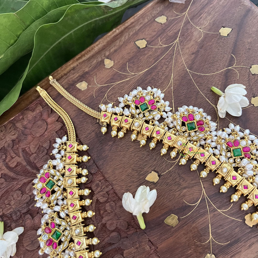 Vriksham Elegant Pearl With Floral Kudan Jadau Guttapusalu Neckpiece-Rice Pearl-J3311