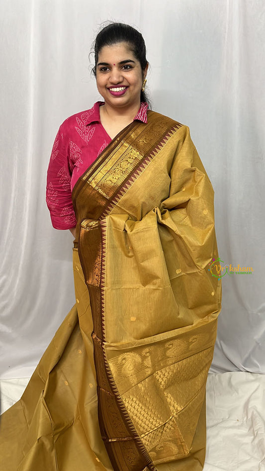 Golden Brown Kanchi Cotton Saree with Golden Border - Handloom - VS3707