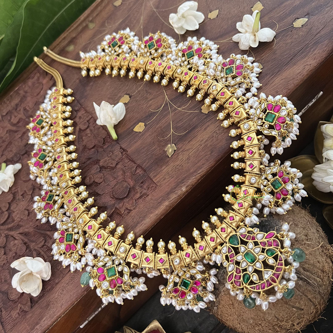 Vriksham Elegant Pearl With Floral Kudan Jadau Guttapusalu Neckpiece-Rice Pearl-J3311