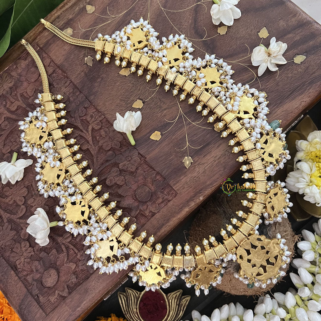Vriksham Elegant Pearl With Floral Kudan Jadau Guttapusalu Neckpiece-Rice Pearl-J3311