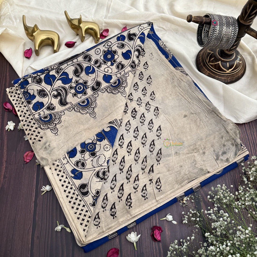 Vriksham Navy Blue & White Color Kalamkari Cotton Saree With Gatti Border-VS4544