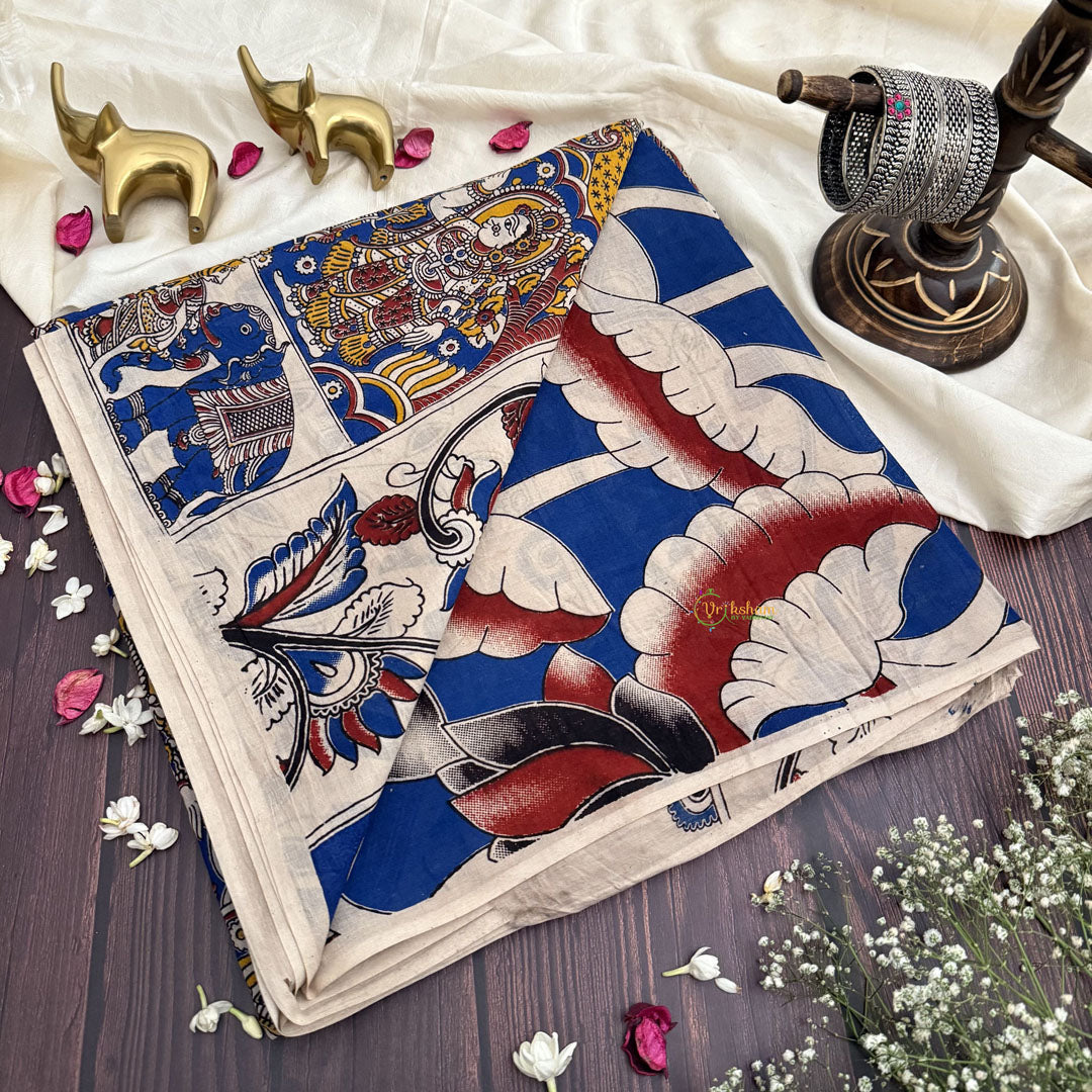 Vriksham Navy Blue Color Kalamkari Cotton Saree With Gatti Border-VS4543