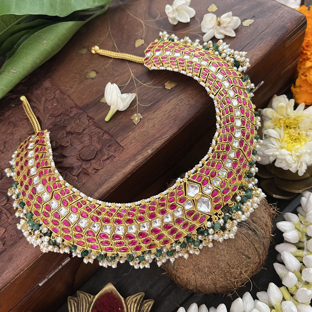 Vriksham Designer Red White Kundan Jadau Neckpiece-Green Bead-Pearl-J3366
