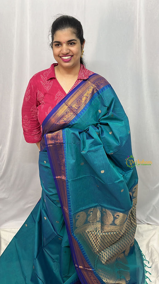 Double Shaded Turquoise Kanchi Cotton Saree with Golden Border - Handloom - VS3698