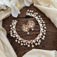 Fancy Rose Gold Moissanite Kundan Neckpiece-Pearl-G13626