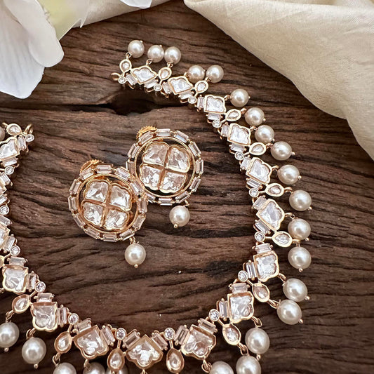 Fancy Rose Gold Moissanite Kundan Neckpiece-Pearl-G13626