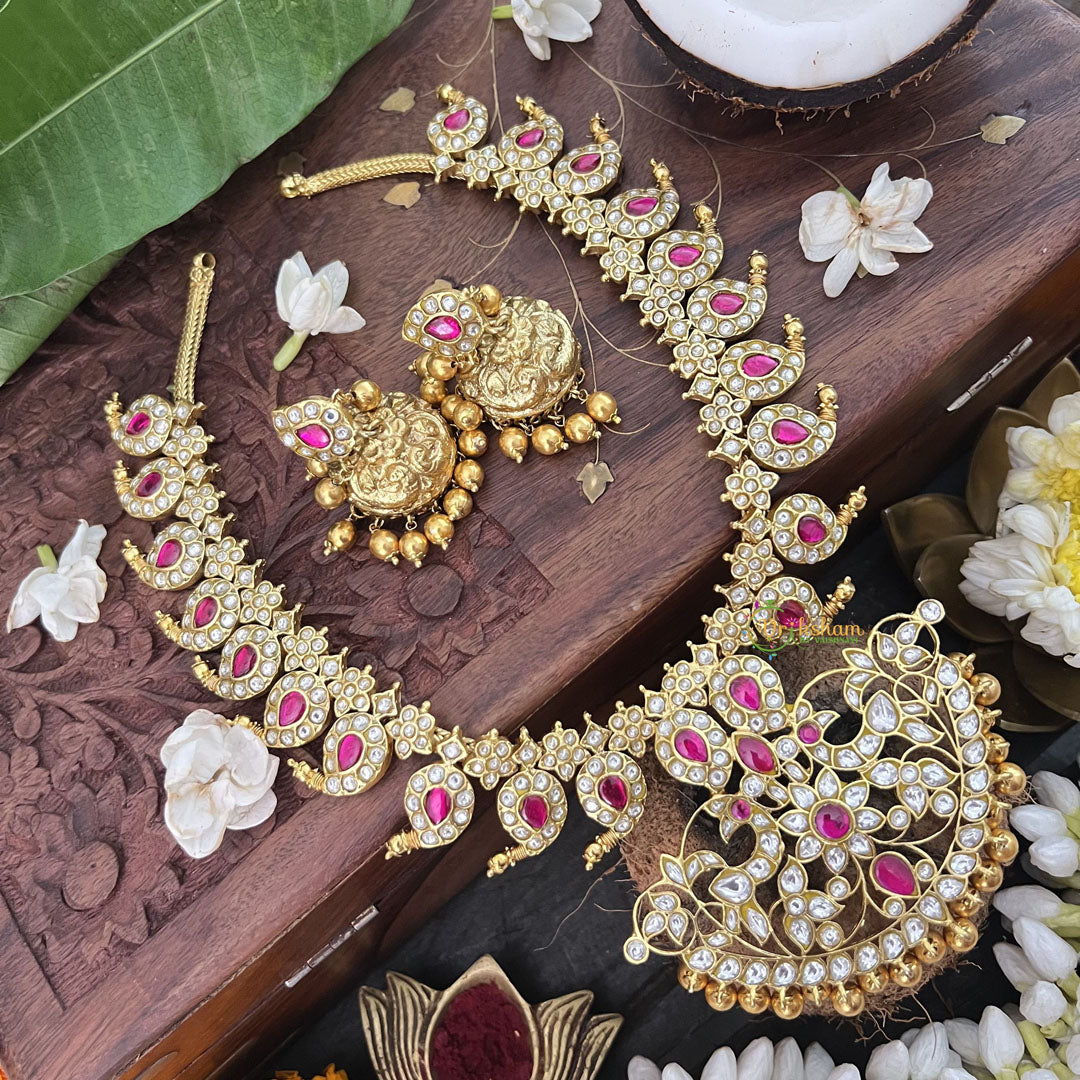 Vriksham Mango Style Kundan Jadau Neckpiece-Red White-Pearl-J3331