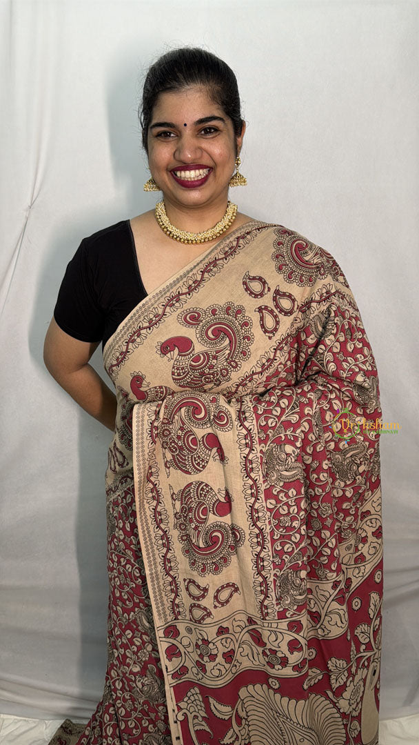 Vriksham Pink & Skin Color Kalamkari Cotton Saree With Gatti Border-VS4540