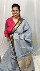 Light Grey Kanchi Cotton Saree with Golden Border - Handloom - VS3709