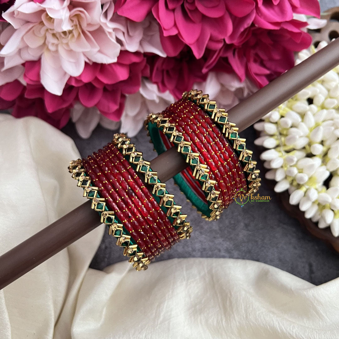 Vriksham Traditional Maroon Glass Bangle Set With Emerald Grace Kundan Detailing-G19828