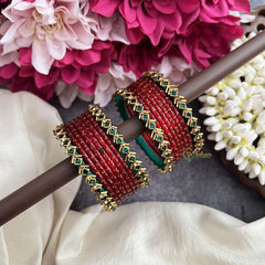 Vriksham Traditional Maroon Glass Bangle Set With Emerald Grace Kundan Detailing-G19828