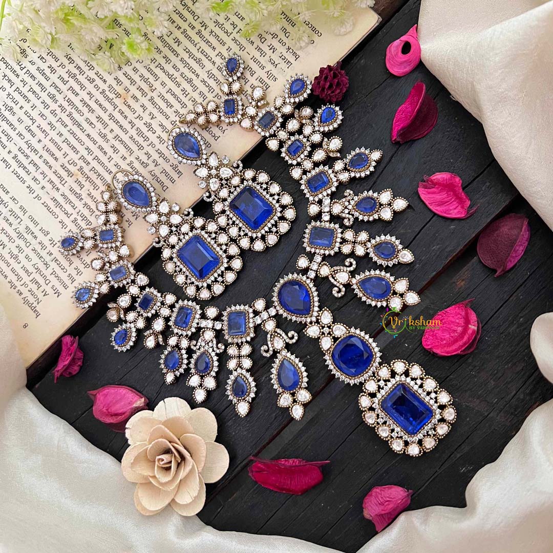 Premium Dark Bule Victorian Diamond Short Pendant Neckpiece - VV1362