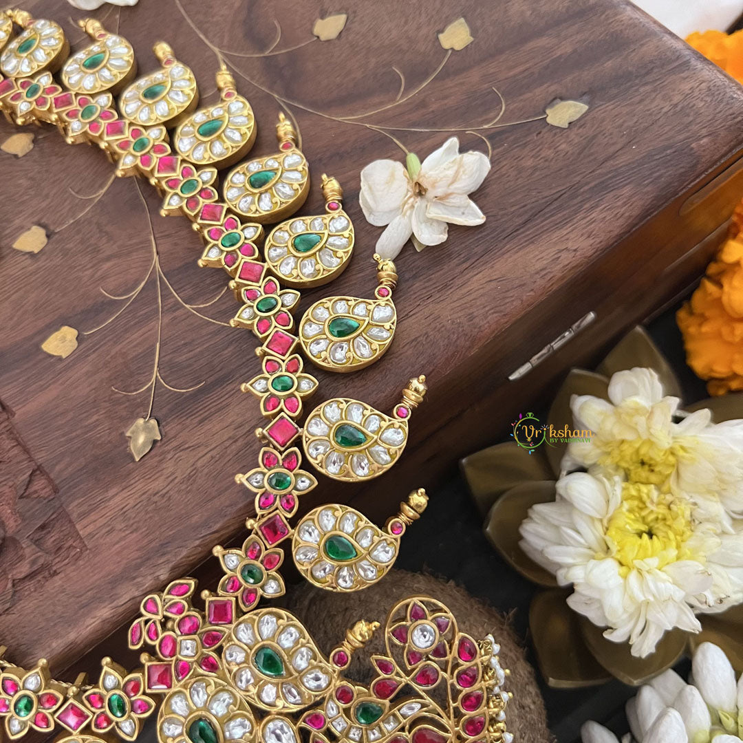 Vriksham Dual Peacock Style Kundan Jadau Short Neckpiece-White Red Green-J3357