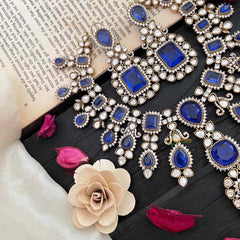 Premium Dark Bule Victorian Diamond Short Pendant Neckpiece - VV1362