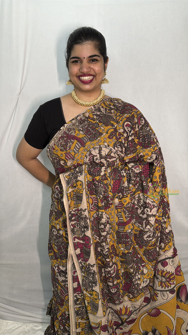 Vriksham Mustard Yellow Color Kalamkari Cotton Saree With Gatti Border-VS4549