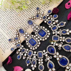 Premium Dark Bule Victorian Diamond Short Pendant Neckpiece - VV1362