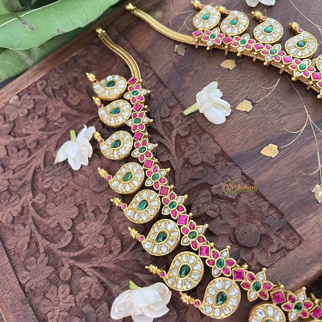 Vriksham Dual Peacock Style Kundan Jadau Short Neckpiece-White Red Green-J3357