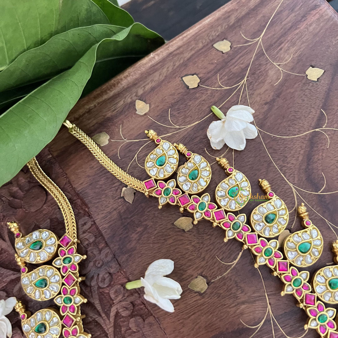 Vriksham Dual Peacock Style Kundan Jadau Short Neckpiece-White Red Green-J3357