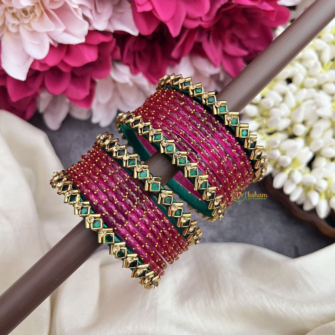 Vriksham Traditional Pink Glass Bangle Set With Emerald Grace Kundan Detailing-G19829