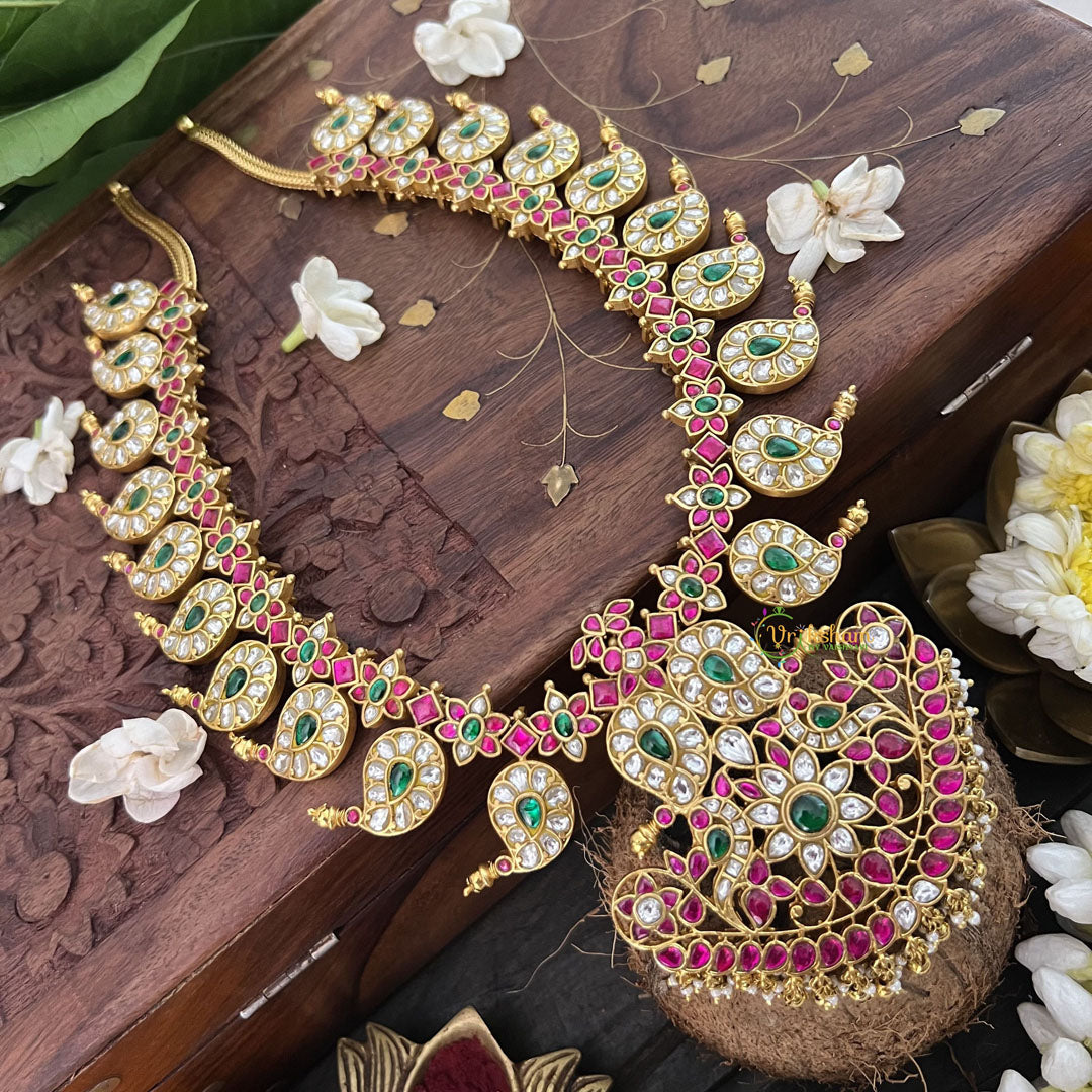 Vriksham Dual Peacock Style Kundan Jadau Short Neckpiece-White Red Green-J3357