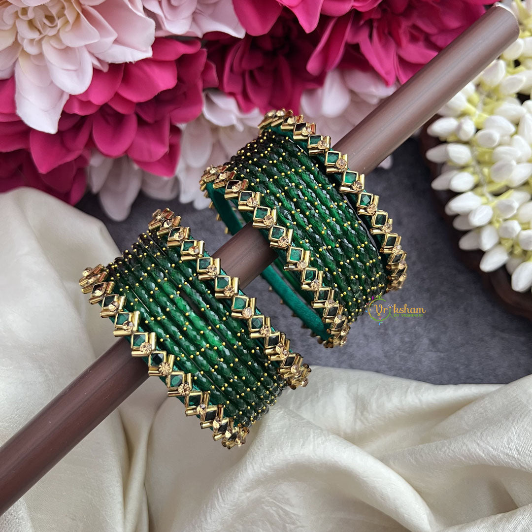 Vriksham Traditional Green Glass Bangle Set With Emerald Grace Kundan Detailing-G19830