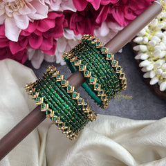 Vriksham Traditional Green Glass Bangle Set With Emerald Grace Kundan Detailing-G19830