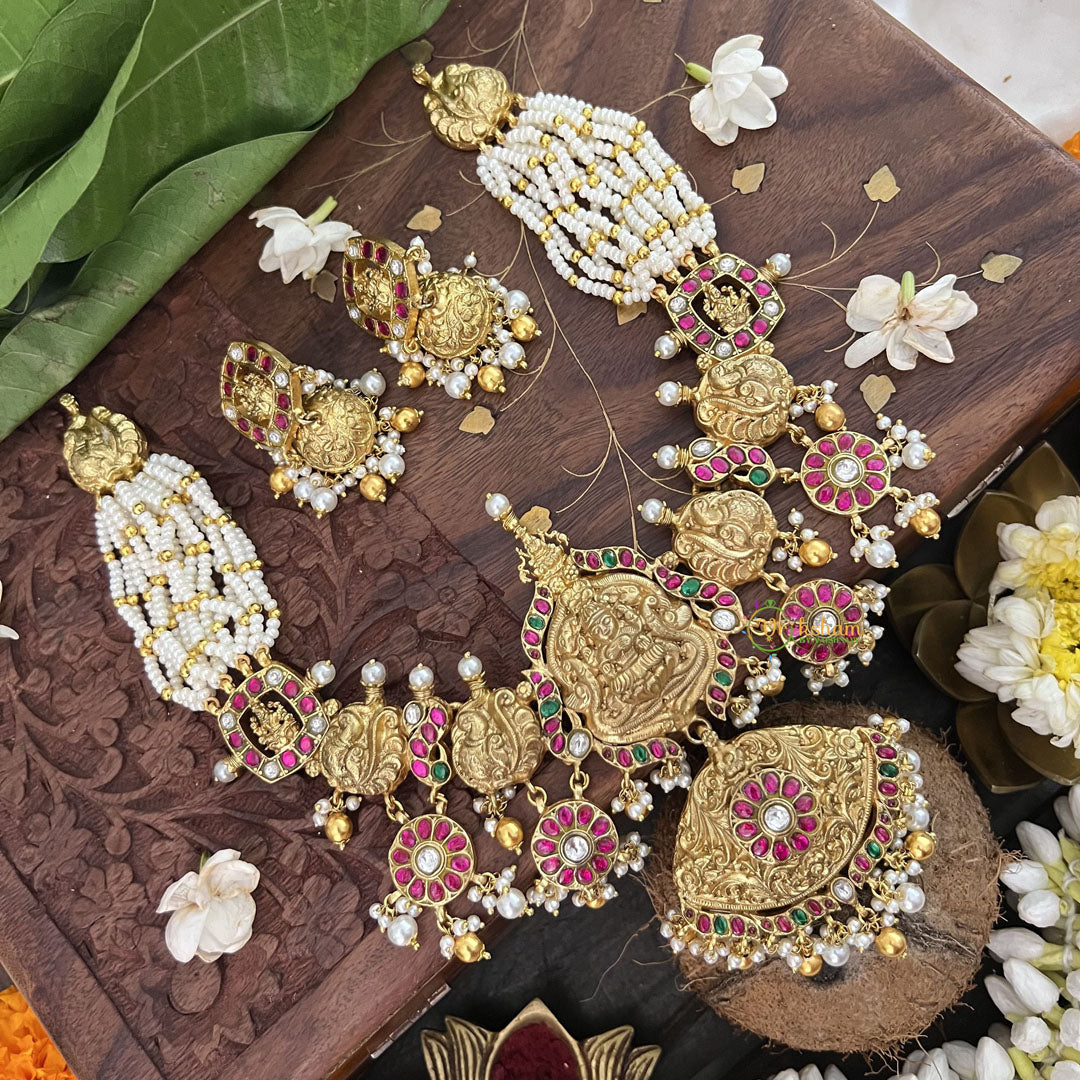 Vriksham Lakshmi Double Pendant With Layer Pearl Beaded Maala neckpiece-Gold Bead-J3365