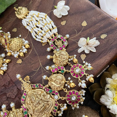 Vriksham Lakshmi Double Pendant With Layer Pearl Beaded Maala neckpiece-Gold Bead-J3365