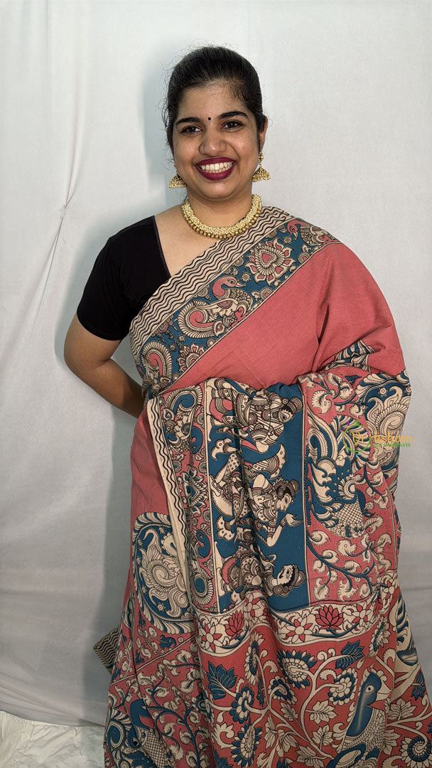 Vriksham Baby Pink & Firosa Color Kalamkari Cotton Saree With Gatti Border-VS4542