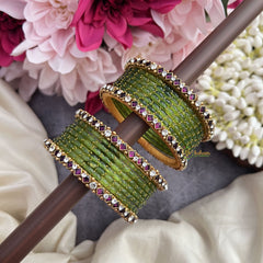 Vriksham Amethyst Royale Patel Green Glass Bangle Set with Crystal Kundan Borders-G19833